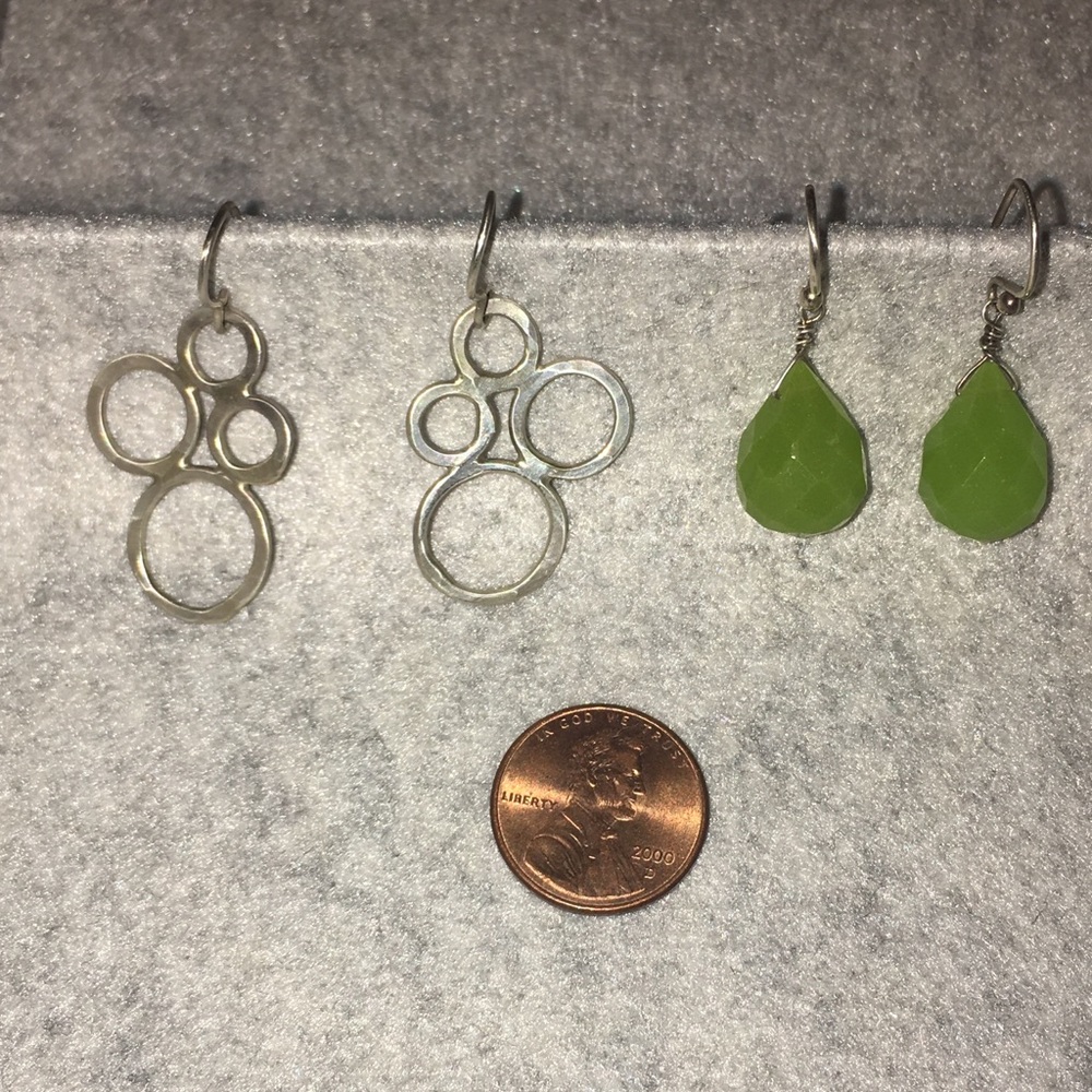 Sterling silver earrings circles green dangly